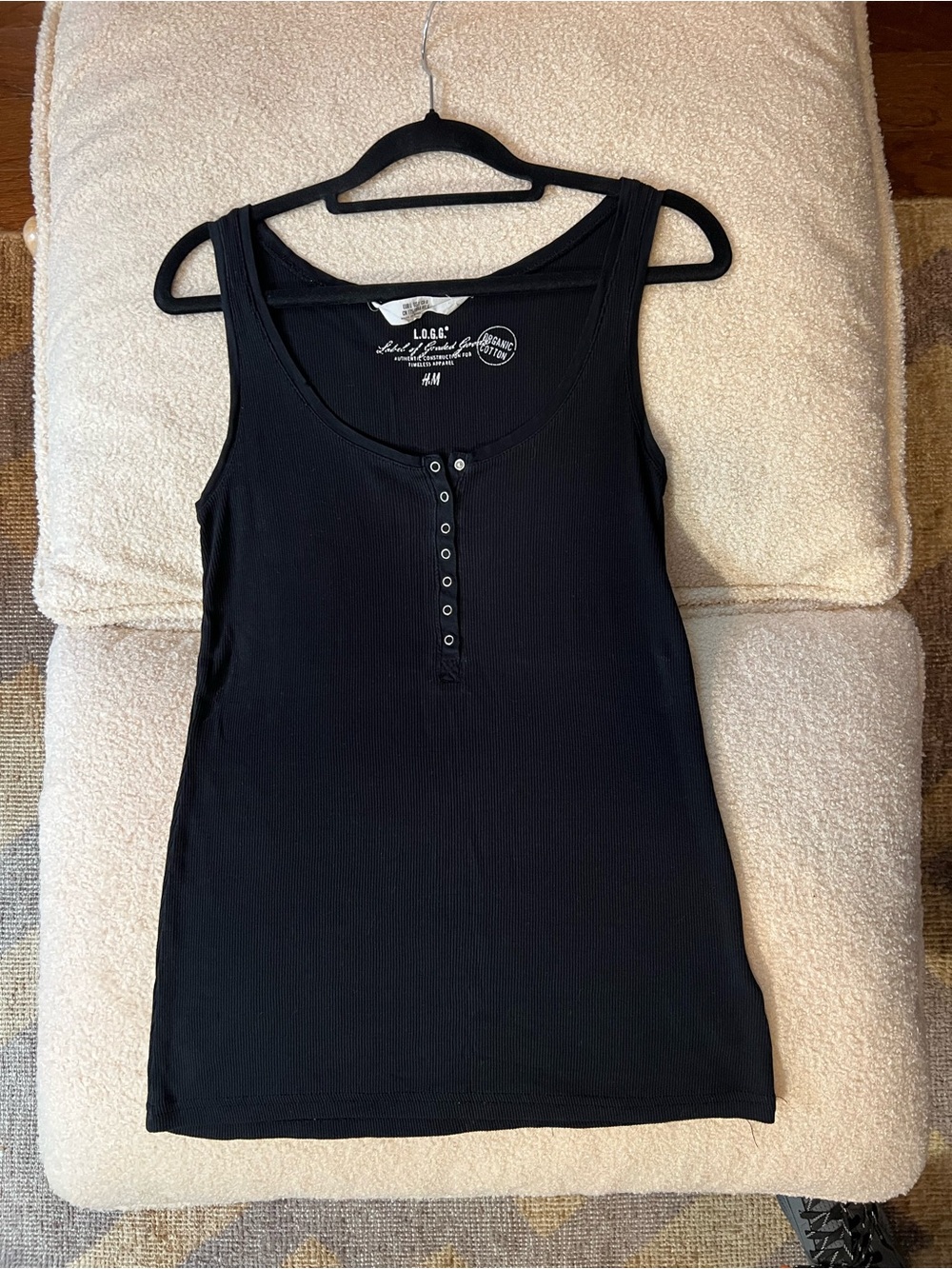 H&M LOGG Organic Cotton Black Ribbed Henley Tank Top L